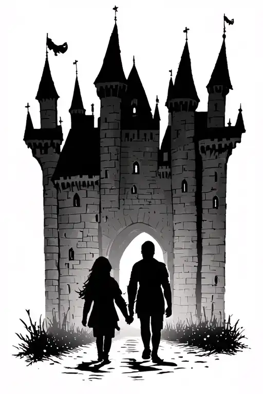 Two parent silhouettes walking child toward castle gothic  tattoo design idea