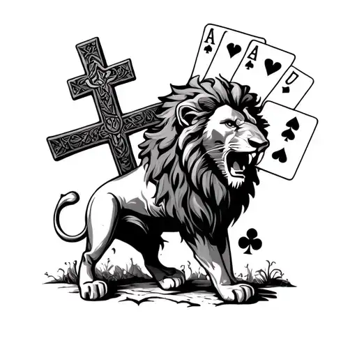 Lion roaring and standing underneath the cross and 4 ace cards  tattoo design idea