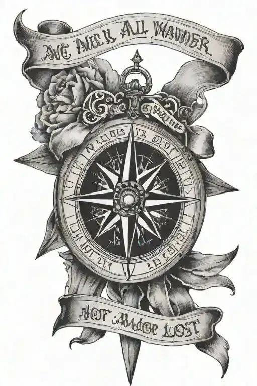 A black and white realistic vintage norce compass tattoo with a ribbon with text "Not all who wander are lost " tattoo design idea