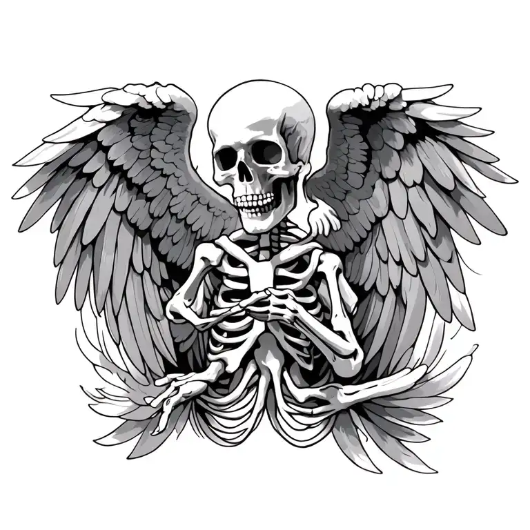 flying angel skeleton holding hands reaching towards living a fulfilling tattoo design idea