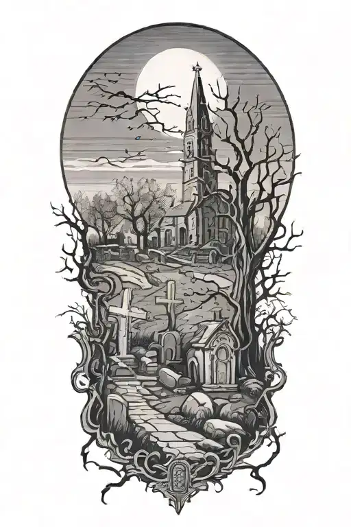 Graveyard with broken tombstones, a lone dead tree and a church in the background tattoo design idea