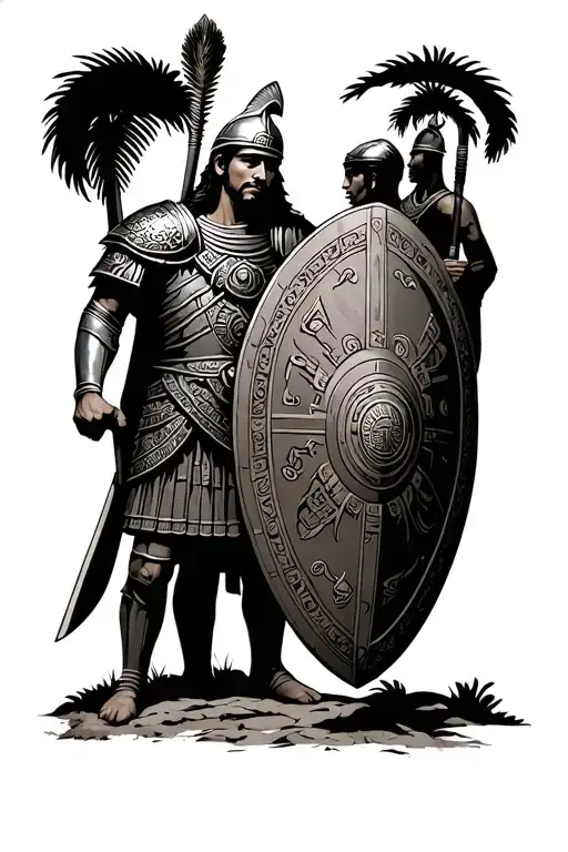 roman soldier with shield engraved cambodia and hmong symbols and followers tattoo design idea