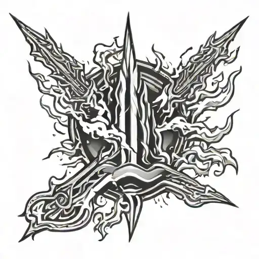 Trident on fire with lightning striking tattoo design idea