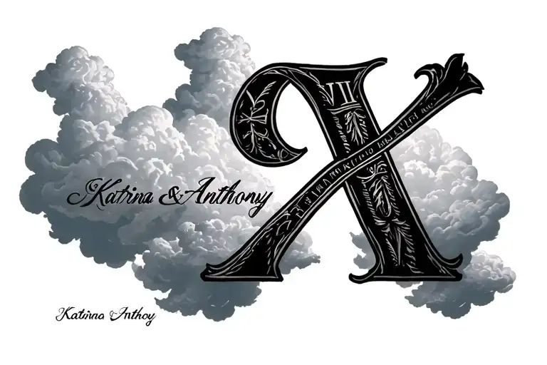 Roman numeral with clouds surrounding and the names Katrina and Anthony floating in the clouds tattoo design idea