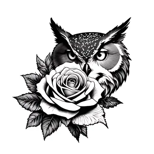 rose , wolve & owl night time piece tattoo design idea