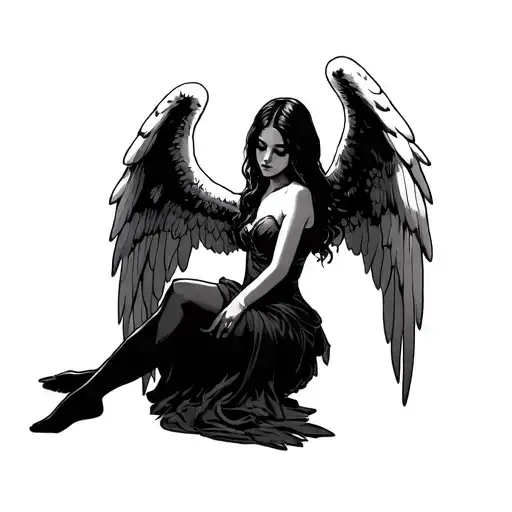 The fallen angel is a girl depicted by the floor sideways, to full height tattoo design idea