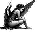 The fallen angel is a girl depicted by the floor sideways, to full height tattoo design idea
