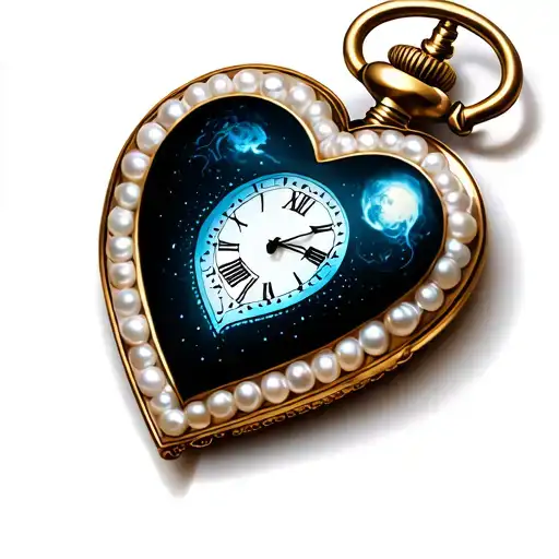 A heart-shaped pocket watch with a white pearl border, pointing to midnight. tattoo design idea