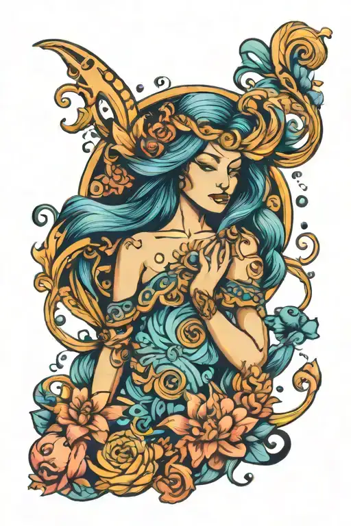 Aquarius zodiac design that represents my first born daughter in a neo-traditional style  tattoo design idea