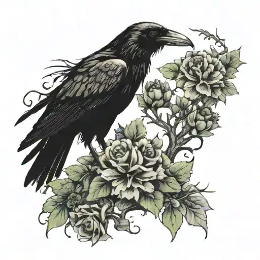 black crow with flowers and tree of life  tattoo design idea