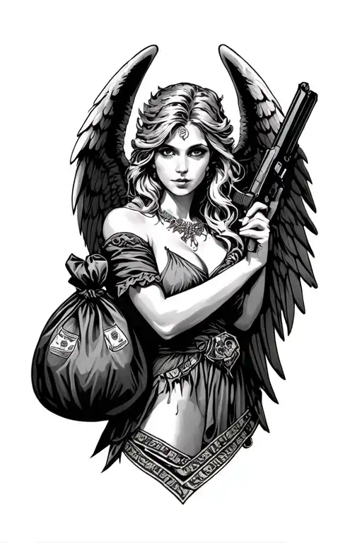 angel lady holding Draco gun with money bag tattoo design idea
