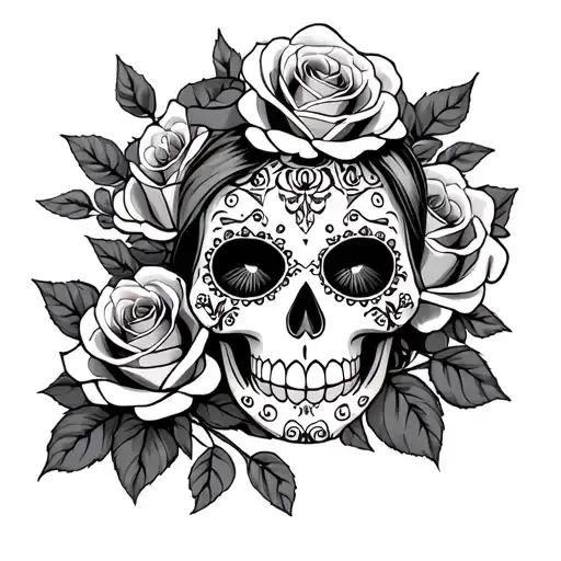 female sugar skull surrounded by roses tattoo design idea