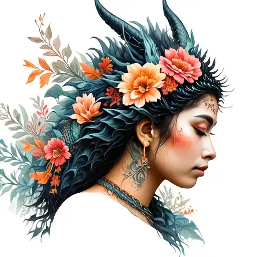 indigenous woman with dragon wrapped in flowers  tattoo design idea