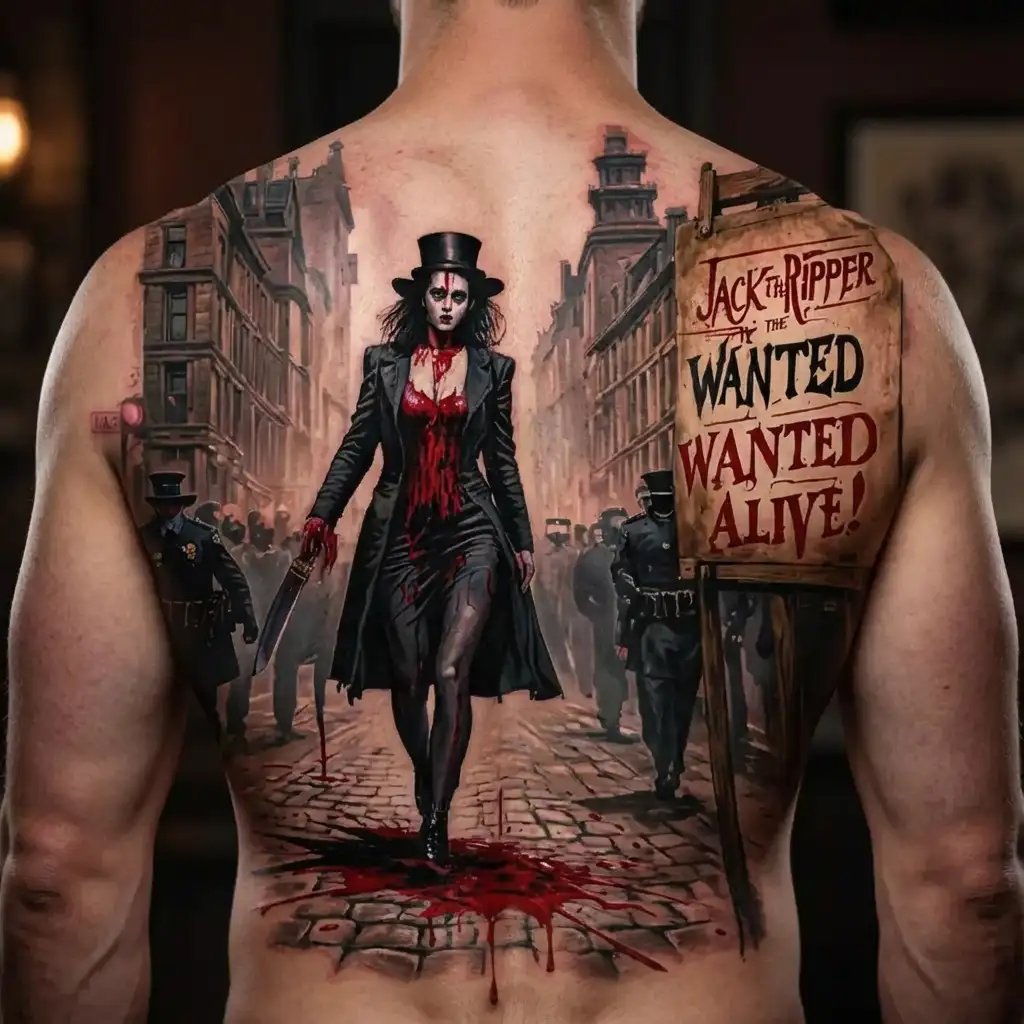 "Jack the ripper wanted alive" bloody woman jack the ripper knife walking past wanted poster with police tattoo design idea