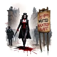 "Jack the ripper wanted alive" bloody woman jack the ripper knife walking past wanted poster with police tattoo design idea