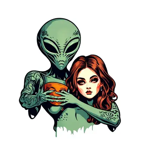 American classic, sad alien holding a mask of a woman's face tattoo design idea