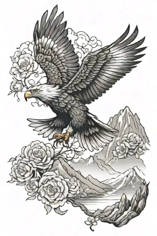 eagle soaring flowers mountains trees tattoo design idea