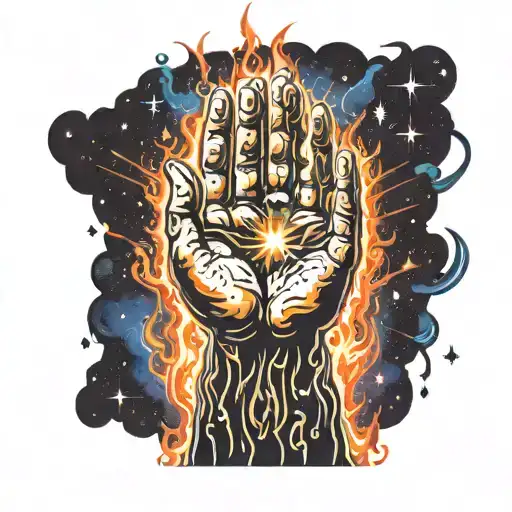 praying hands with fire and light rays graffiti sky and stars tattoo design idea