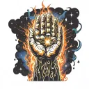 praying hands with fire and light rays graffiti sky and stars tattoo design idea
