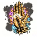 praying hands with fire and light rays graffiti sky and stars tattoo design idea