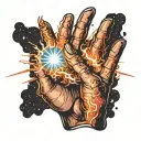 praying hands with fire and light rays graffiti sky and stars tattoo design idea