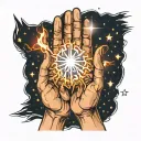 praying hands with fire and light rays graffiti sky and stars tattoo design idea