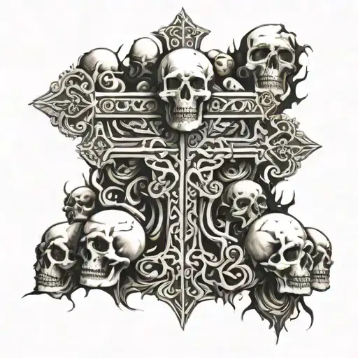 A Christian cross stands on a pile of skulls. The background should have flames and 2 eys of evil in it. tattoo design idea