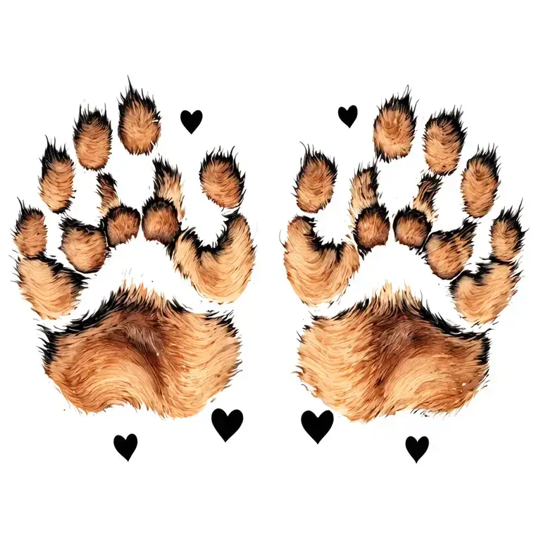 two cat paw print indentions, no fur, with little black hearts around them tattoo design idea