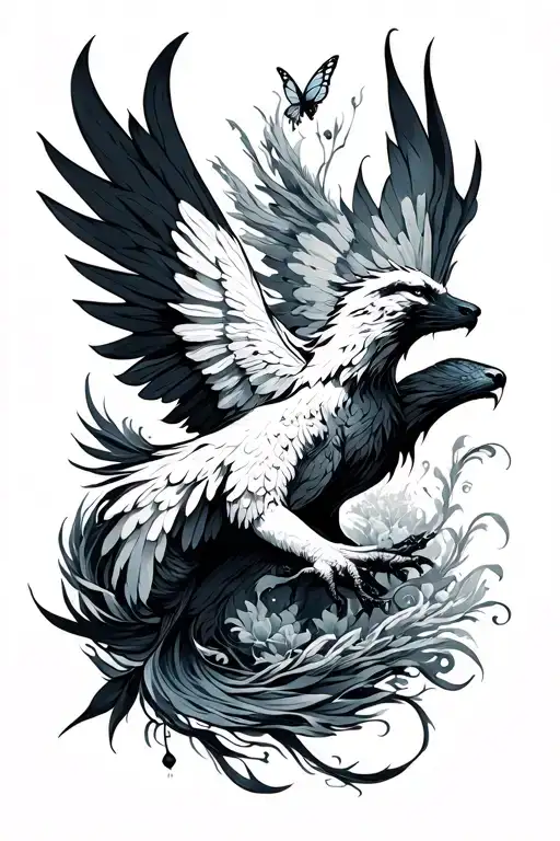 phoenix rishing,sea wolf, butterfly, moving forward arrow, feminine symbol tattoo design idea