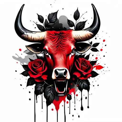 Bull's head, black roses and leaves in the background tattoo design idea
