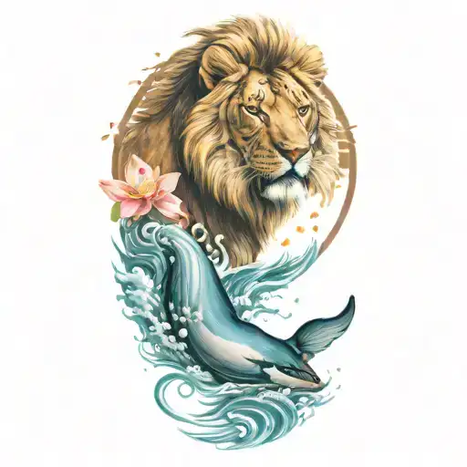 whale tail, ocean waves, sun, lotus flower blooming, butterfly, calm lion face, calm tiger face tattoo design idea