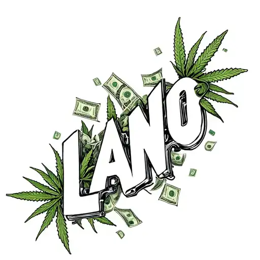 "Lano" with weed guns and money coming out of the letters tattoo design idea