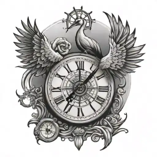 crane cross compass clock tattoo design idea