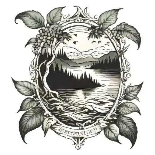 Incorporate the Serenity prayer into a design featuring a serene landscape with flowing water and lush greenery tattoo design idea