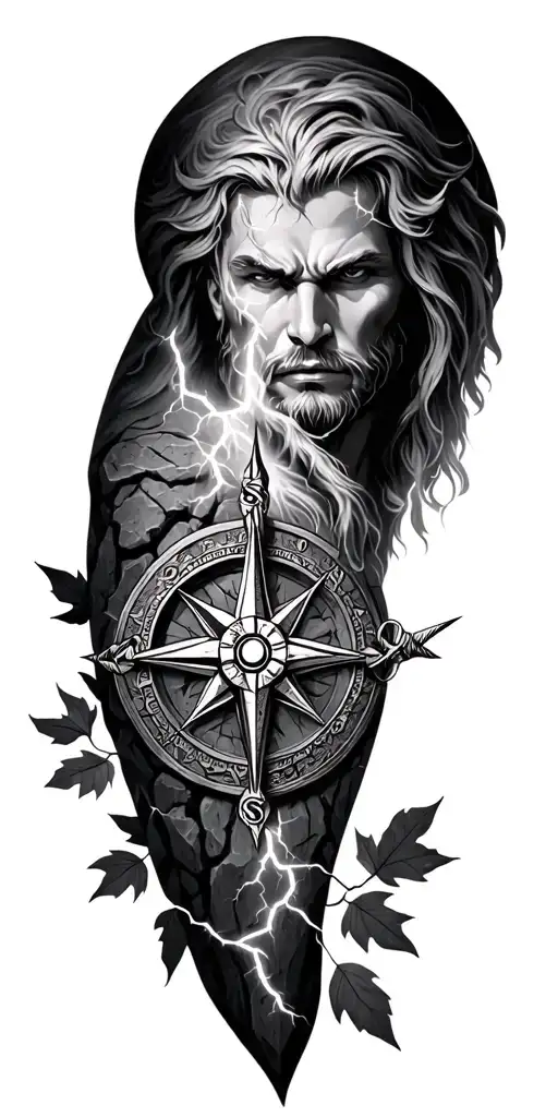 viking tattoo. viking compass on shoulder set in stone. leaves in the background. thor face with lightning coming down.  tattoo design idea