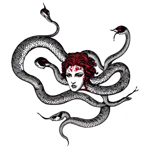 African American featured Medusa face on hand tattoo in all red ink with 12 snakes exactly in detail with only one snake tattoo design idea