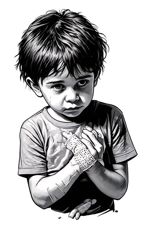 a very simple and little drawing of a child who has to put bandages on itself because it got hit with glass and  SIMPLE tattoo design idea