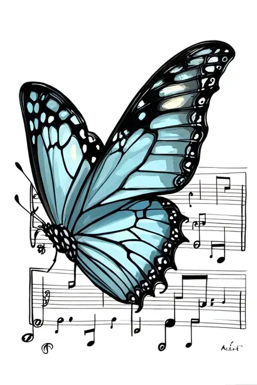 A realistic butterfly resting on a musical note tattoo design idea