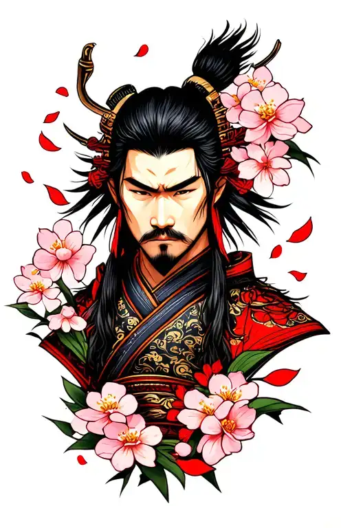 Samurai and cherry blossom petals tattoo design idea