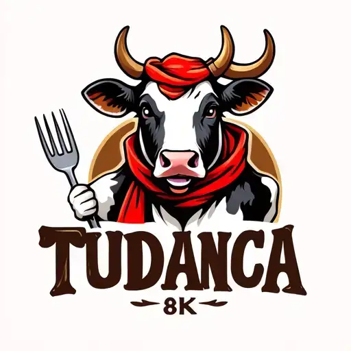 Funny mascot logo,Tudanca cow smiling with horns, wearing a red scarf,holding a fork, rustic lettering that says TUDANCA tattoo design idea