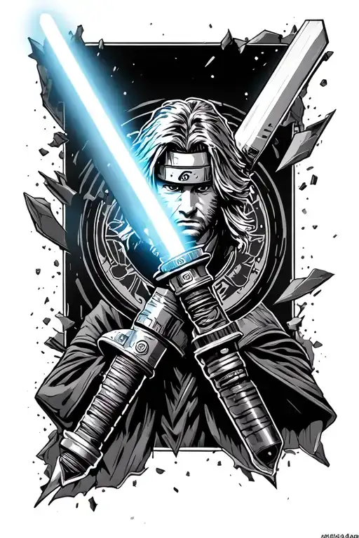 Anakin Skywalkers’ lightsaber hilt, with Narsil blade fragments, and a Naruto sealing Justu around it tattoo design idea