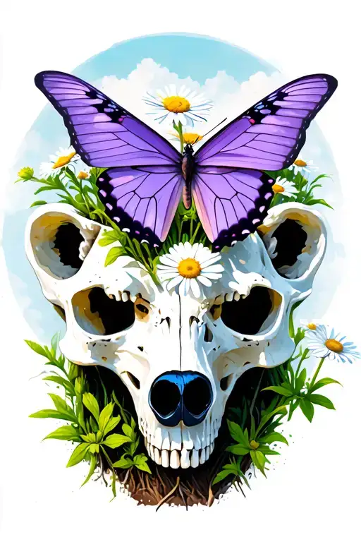 Purple butterfly landing on a single daisy that is growing out of a polar bear skull tattoo design idea