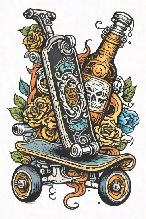 skate board and alcohol bottle tattoo design idea