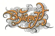 A bold cursive tattoo spelling out 'Silence' in sharp, street-style lettering. The letters should be sleek and connected tattoo design idea