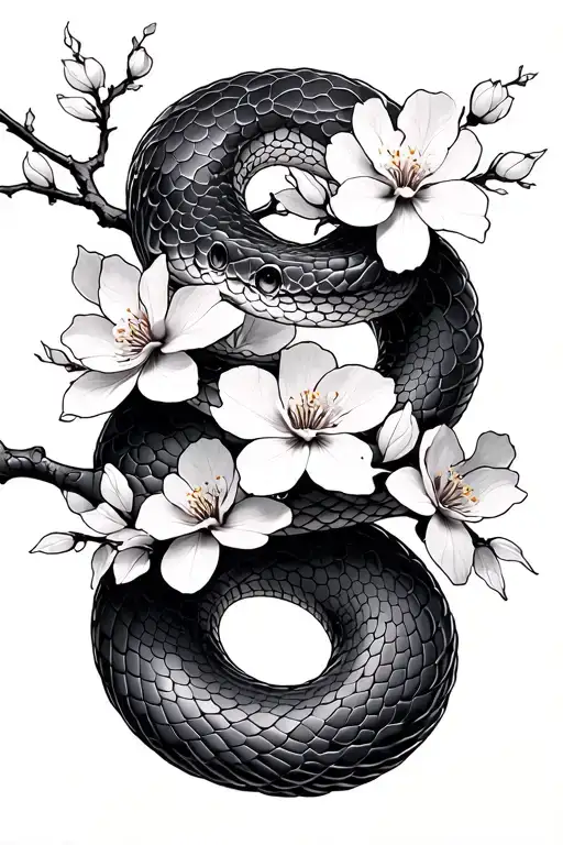 snake wrapped japenese cherry blossoms tattoo design idea