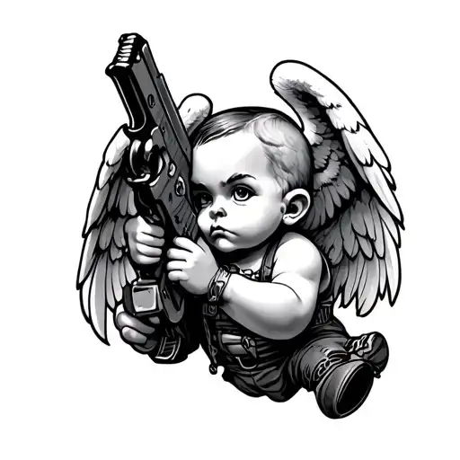 cute gangster cherub evil angel holding a gun tattoo design idea