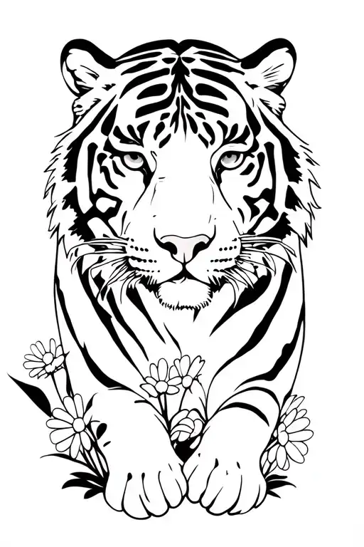 tiger walking in daisies bed tattoo design idea