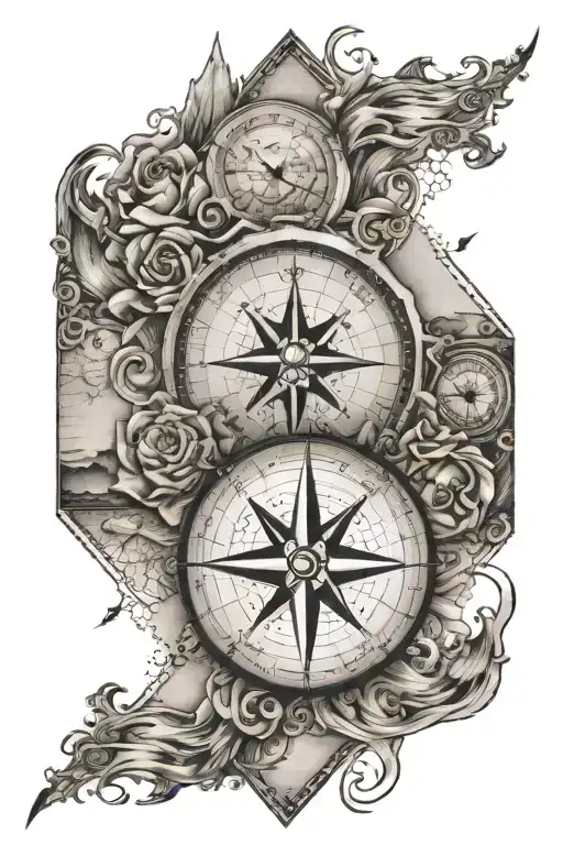 Windrose Sea Mountains Map with Compass tattoo design idea