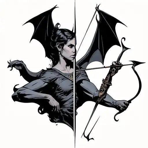 half bat flying half bow mid firing with arrow. each on one shoulder of a different person to match and join. minimalist tattoo design idea