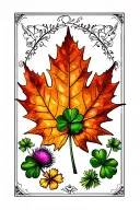 large maple leaf with small clover and thistle at the base tattoo design idea